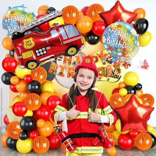 Image of Rozi Decoration Latex, Foil, Cardstock Fireman Theme Birthday Decoration Items For Girl, Boy, Kids Birthday Decor, Firefighter Fire Truck Theme Birthday Decorations Pack Of 73 Pieces, Multicolor