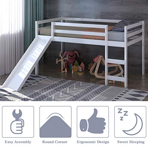 Costzon Twin Loft Bunk Bed With Slide, Built-In Ladder And Guard Rail, Kids Solid Wood Low Bunk Bed Frame W/Storage Space For Boys & Girls, Bedroom, Dorm Furniture (White) #TOP5