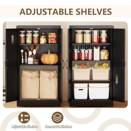 Image of Black Metal Storage Cabinet, 43 inch Kitchen Pantry Cabinets for Office | Steel Kitchen Pantry Storage with Doors and 3 Adjustable Shelves, Metal Tool Cabinet, for Office, Home, Garage, School