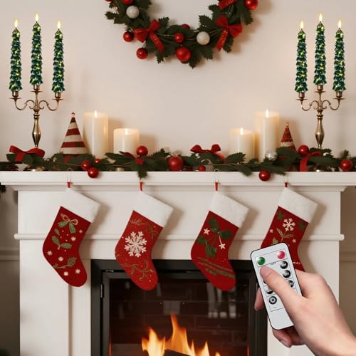 Image of GenSwin Christmas Tree Flameless Taper Candles candlesticks Remote Timer | Green,String Lights, Battery Operated Led Candle, Christmas Home Winter Decoration, 4 Pack, 0.78 inch x 9.8 inch