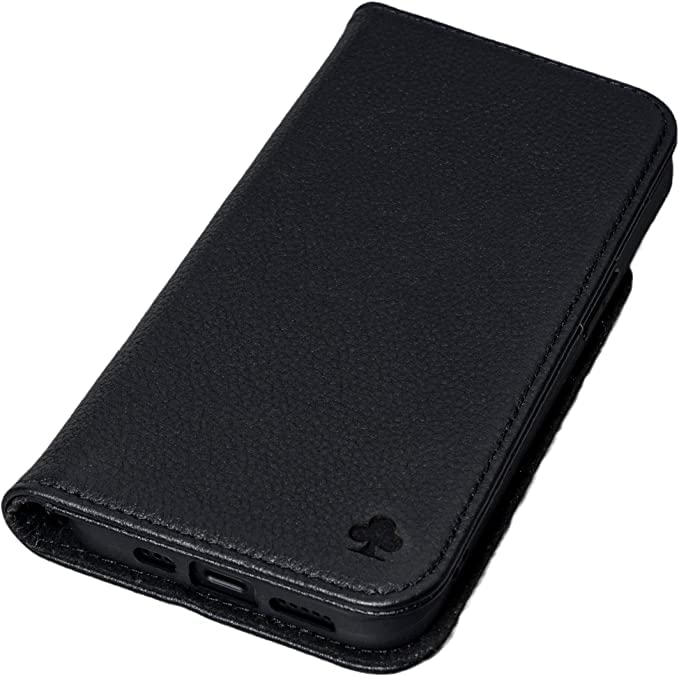 Porter Riley Funda de Cuero para iPhone 14 Plus, Soporte/Cubierta/Cartera/Estuche con Tapa de Cuero Genuino de Primera Calidad con [Ranuras para Tarjetas] (Negro Puro)