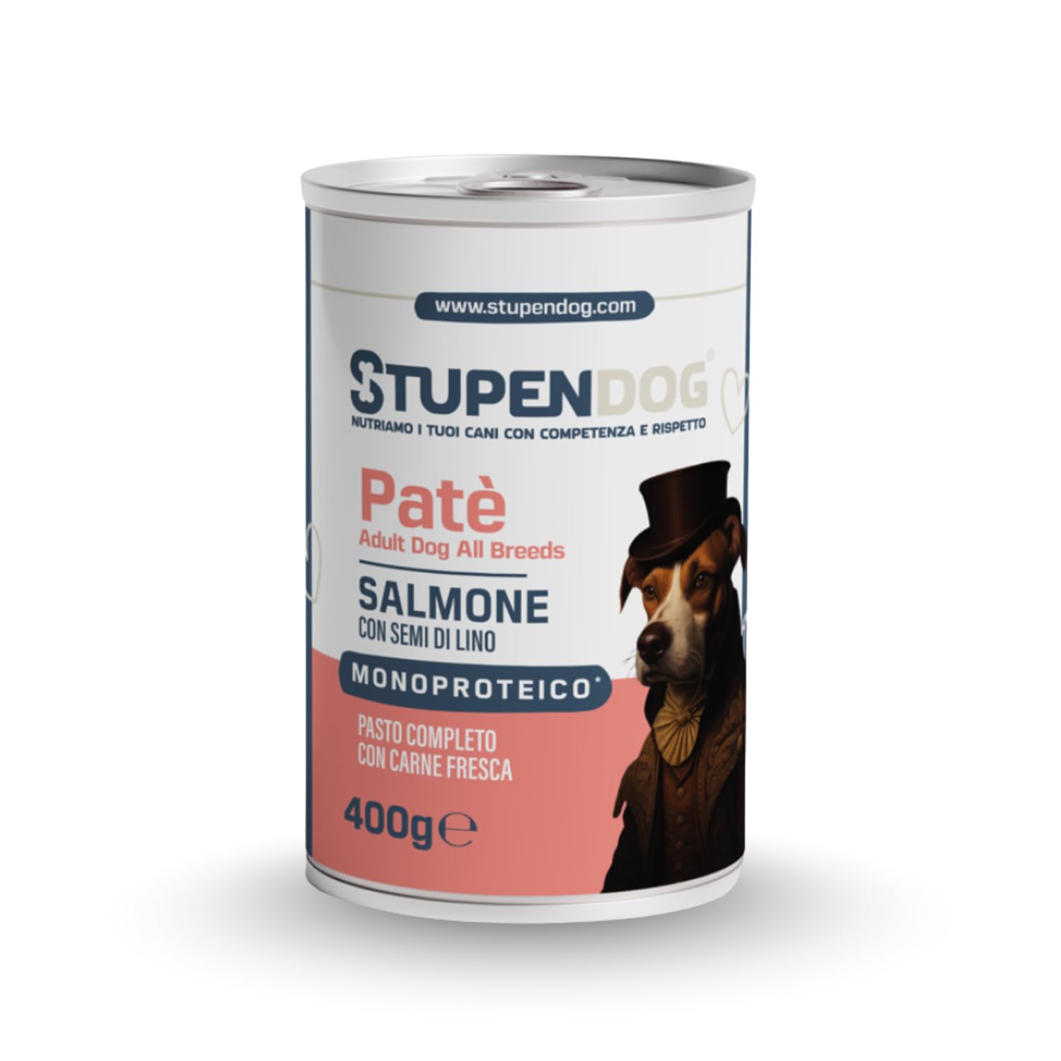 STUPENDOG Paté per Cani Monoproteico al Salmone con Semi di Lino - 98,5% Salmone Fresco, Ipoallergenico, Pelo Lucido, Pelle Sana – Cibo Umido Naturale per Cane Adulto (12 Confezioni - 400g)