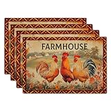 Farmhouse Rooster Placemats Set of 4 Vintage Chicken Farm Table Mats Rustic Country Style Heat Resisting Non-Slip Place Mat for Home Party Indoor Kitchen Dining Table Decoration 12x18 Inch