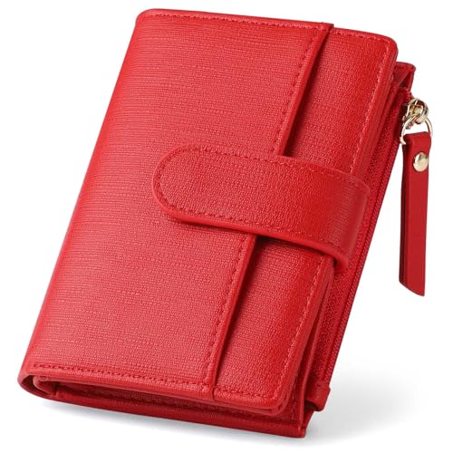 Charltu Small Wallet For Women RFID Blocking Soft Leather Bifold Compact Card Holder Women Wallet With Zipper Coin Pocket 1 ID Window Red