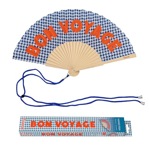 Fisura – Éventail Original avec Message “Bon Voyage”. Accessoire en Bois Moderne et coloré. Ventilateur à Main Motif Pied-de-Poule. Dragonne Incluse....
