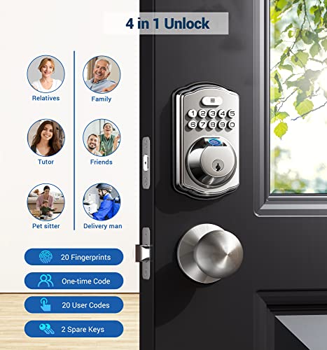 Veise Fingerprint Door Lock With 2 Door Knobs - Keyless Entry Door Lock With Handle, Electronic Keypad Deadbolt Smart Front Door Lock Set, Auto Lock, Waterproof, Easy Installation, Satin Nickel #TOP2