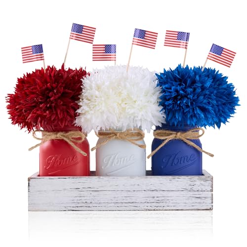 KIVIVO 4th of July Table Decorations, Mason Jar Memorial Day Decor with Red White and Blue Faux Ball Chrysanthemum, 4th of July Patriotic Centerpieces for Table, 19 Pcs Independence Day Decorations