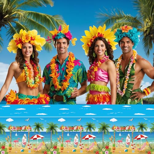 Image of 4 Pack Beach Theme Party Tablecloth Aloha Luau Hawaiian Birthday Table Cloth Flamingo Surfboard Table Cover Disposable Pool Decorations for Baby Showers Seaside Beach Pool Party Supplies 51 x 86 in
