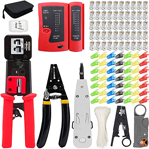 MAYLINEE- Juego de Herramientas de corte de red RJ45 Crimpadora Cat7 CAT5 CAT6 pelacables alicates, 50 Conectores Profesional de Mantenimiento de la Computadora de red LAN, Pelador (Azul) Cover