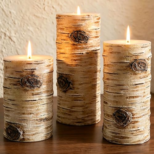 MOSROAD Rustic Birch Bark Pillar Candle Set of 3 Unscented Home Decor