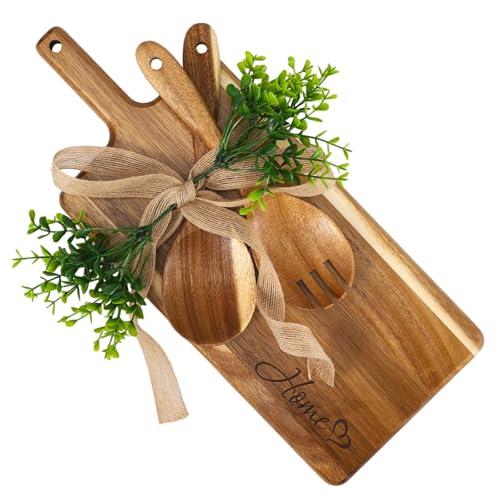 Juego de tabla de cortar de madera, tabla de picar y servir de madera maciza con cuchara y tenedor para ensalada, bandeja decorativa para cocina ideal como regalo para mudanza, boda o nuevo hogar miniatura 1
