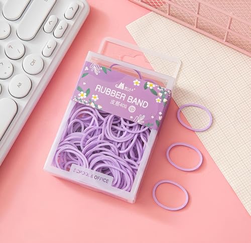 GrueGard Gomas Elásticas, 140 Unidades en Caja Colgante, 16mm-60mm Reutilizables Rubber Bands para Hogar Oficina Escuela Elastic Bands, Morado