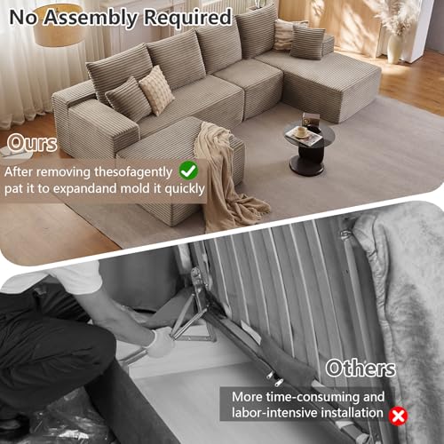 Image of 135.4 inchModular Sectional Sofa, Boneless Couch U-Shaped Sofa for Living Room | Cloud Couch Sectional with Ottoman, 4 Seater Deep Seat Memory Foam Compressed Sofa, No Assembly, Right-Facing Chaise, Camel