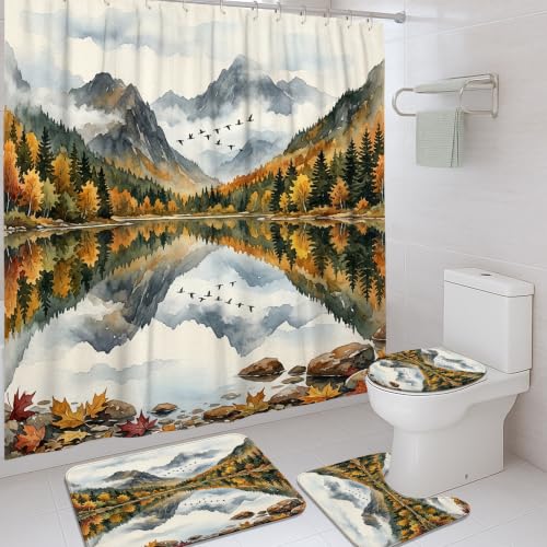 Rideau de douche montagnes rustiques 183x183 avec tapis vert - 2