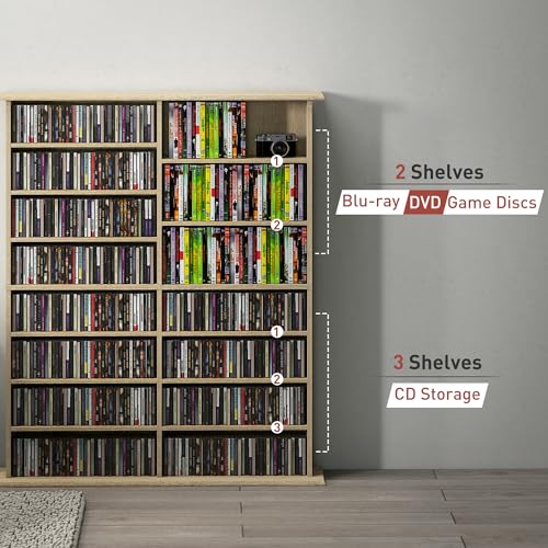 HOMCOM 720 CD/396 DVD Storage Unit, 396 Blu-ray Media Storage Shelf with 16 Compartments and 12 Adjustable Shelves, CD Tower for Living Room, Bedroom, Office, Nature Wood Finish - Image 7