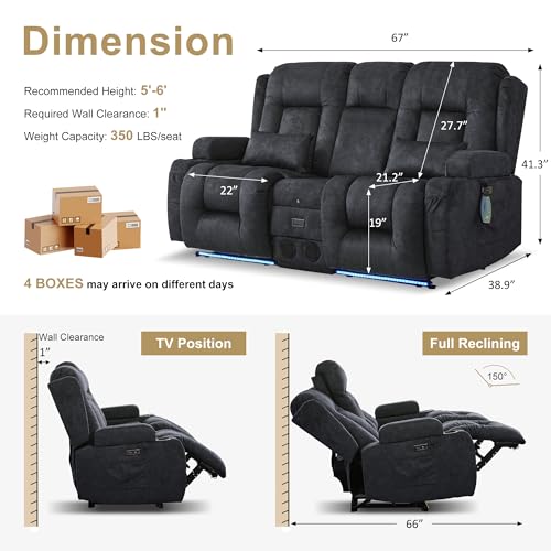 Image of URRED Power Loveseat Recliner Sofa with Massage and Heat, Wall Hugger Reclining Loveseat with Console, RV Couch Home Theater Seating with LED Lights for Living Room (Dark Grey, 67 inch - 2 Seats)