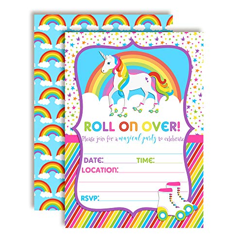 Colorful Unicorn Rainbow Roller Skating Birthday Party Invitations, 20 5"X7" Fill In Cards With Twenty White Envelopes By Amandacreation #TOP21