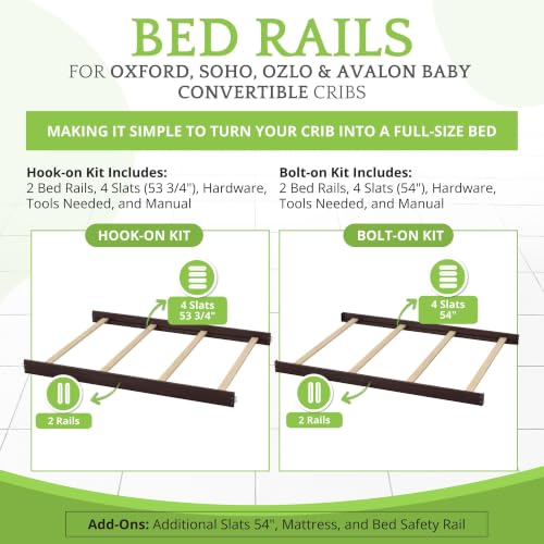 Image of Full-Size Conversion Kit Bed Rails for Oxford, Soho, Ozlo & Avalon Baby Convertible Cribs - Solid Wood - Toddler and Adult Rail for Full-Size Bed - Nursery and Baby Furniture (Espresso, Bolt-On Kit)