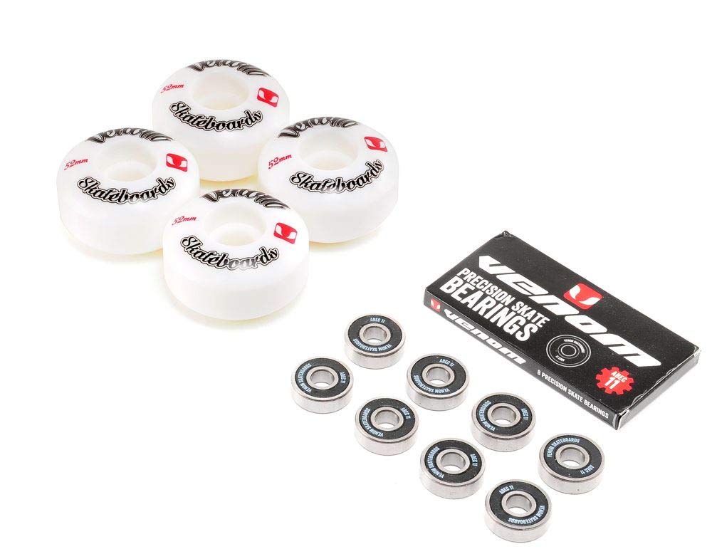 Venom Skateboards Logo White Skateboard Wheels - 52mm & Venom ABEC 11 Bearings Pack