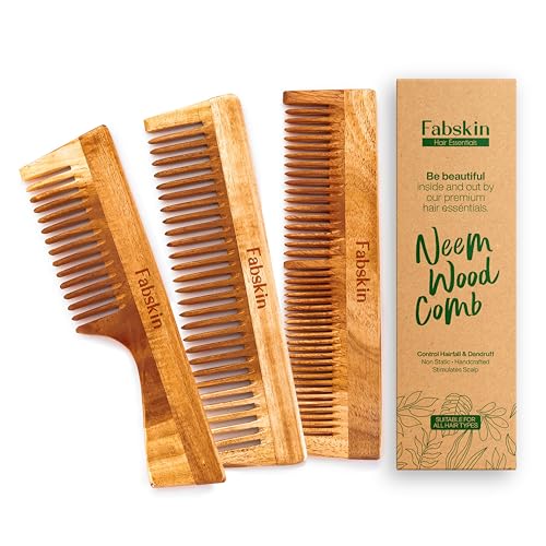 Image of Fabskin Neem Wooden Comb For Men & Women | Graduated Comb | Detangling, Frizz Control, Shine & Styling | For All Hair Types (NeemComb Set)