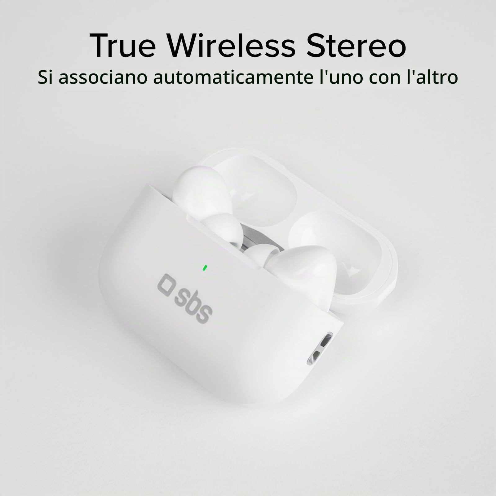 SBS Air Kab Max TWS - Cuffie Auricolari In-Ear True Wireless Stereo, Custodia con Ricarica Wireless, Hall Switch, Dual Leader, Autonomia 5h, Comandi Touch, per Smartphone, Tablet, Laptop, Bianco