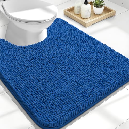 Image of OLANLY Toilet Rugs U-Shaped 24x20, Extra Soft Absorbent Chenille Contour Bathroom Rugs for Toilet, Dry Quickly, Machine Washable, Non-Slip Bath Mat, Deep Navy Blue