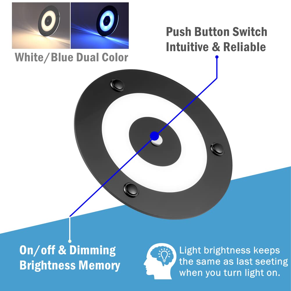acegoo 12V LED Deckenleuchte Wohnmobil Boot Innenbeleuchtung Deckenlampe Dimmbar 120mm Acryl Rund Panel Leuchte 12V 400lm mit Druckschalter&Blaues Nachtlicht für Yacht Wohnwagen Camper 4000K 2Pcs