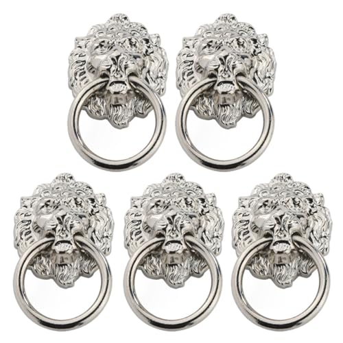 TOVINANNA Tiradores para puertas de cocina y armario en aleación de zinc, cabeza de león plata, pack de 5 piezas, para vintage y fácil montaje