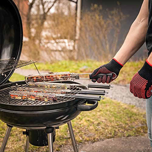 Bbq Bros Large Kabob Grilling Baskets Set Of 4 - Foldable - Kebab Grill - For Outdoor Grilling - Includes Kebab Oil Brush Bottle & Grill Gloves - Dishwasher Safe #TOP1