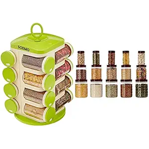 Amazon Brand - Solimo Plastic Revolving Spice Rack Set (16 Pieces) & Checkered Airtight Jar Set Of 15 Combo