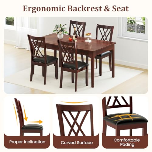 Image of COSTWAY Wooden Dining Chairs Set of 4 with PU Leather Padded Seat, Walnut | Farmhouse Armless Kitchen Side Chair with Rubber Wood Frame & High Back for Dining Room, Living Room and Restaurant