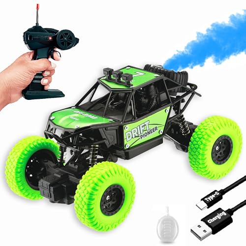 Image of Gooyo GY-45 Rechargeable Remote Control Rock Crawler Car with Smoke | Monster Truck with Spray for Kids | RC Car 4x4 Off-Road Big Car Toy | High Speed | Green Color | in-Built Battery | Gift Box Pack