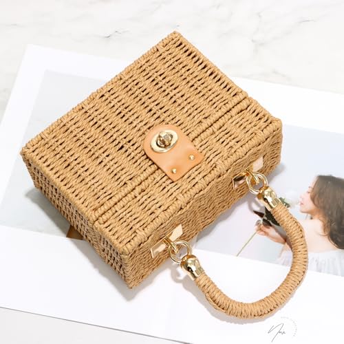 Bolso cuadrado pequeño tejido a mano de paja para mujer miniatura 2
