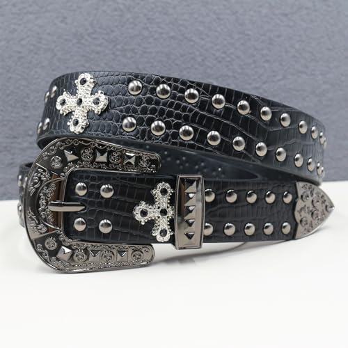 Men's Women's Studded Belt Western Rhinestones Cross Rivet Crocodile Pattern Embossed Strap with Filigree Buckle4