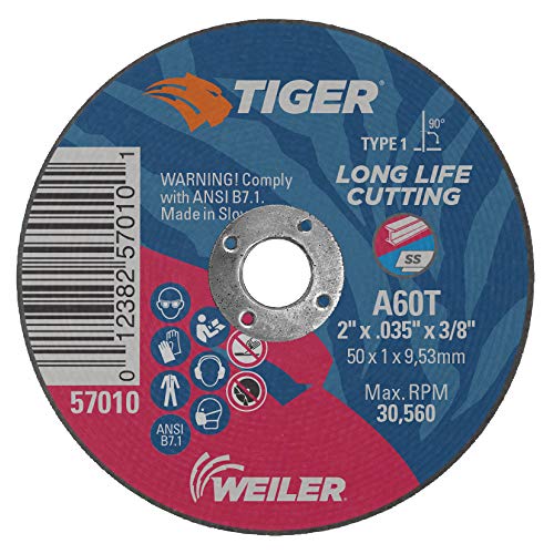 Image of Weiler 57010 2-Inch Cutting Wheel, Tiger AO Steel /Metal Long Life, Performance Cutting, 0.035 inch A60T Type 1 3 /8 inch Arbor (Pack of 100)