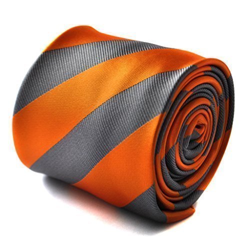 Frederick Thomas Men's Grey And Orange Barber Striped Tie With Signature Floral Backing, Premium ’S Necktie For Office, Weddings And Formal Events