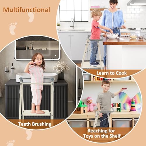 Elevon Step Stool, Metal Two Step Ladder Step Stool with Wide Pedal for Kitchen Counter Bathroom Sink, Grayish White