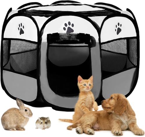 Welpenauslauf 74x74x48cm, BRIMOREA Katzenkäfig Hundekäfig für zuhause, Gitterbox Hund Wurfbox für Katzen Kaninchenstall innen Katzengehege Balkon Katzenkäfig für Draußen Hasen Auslauf(Grau)