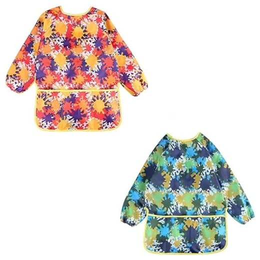 Set Delantal de Pintura 2 Piezas,Bata Impermeable Bata de Pintura para Niños Bata Guarderia,con 3 Bolsillos, para Niña/Niño de 2-8 Años, para Pintar, Manualidades, Arcilla, Cocinar(Verde y Naranja)