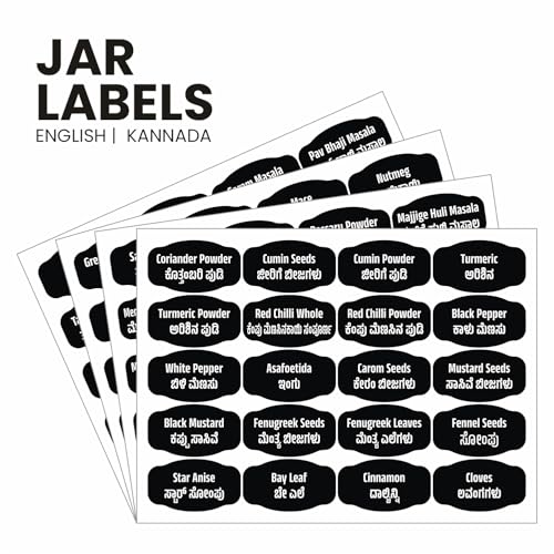 160 Black Label Stickers for Kitchen Jars & Bottles | Bilingual (English & Kannada) Waterproof Vinyl Stickers | Self-Adhesive Spice Organizer Labels, 160 Labels