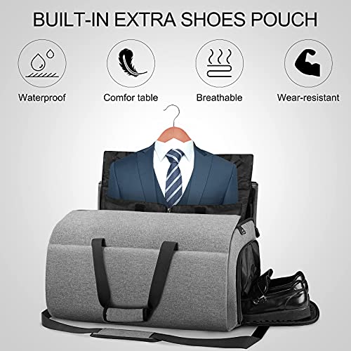Carry on Convertible Garment Bag Waterproof Travel Duffel Bag for Mens Business Garment Bags with Shoulder Strap, Shoes Compartment 2 in 1 Hanging Suitcase Suit Travel Bags, Grey