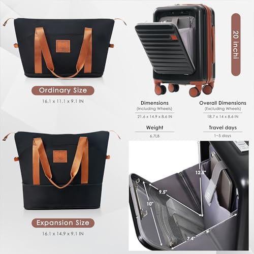 Merax Cup Holder and USB Port Luggage with Cosmetic Carry, Black, 20 in & Travel Bag4