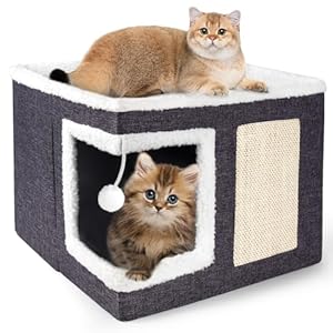 Loyareal Cat Houses for Indoor Cats – Large Cat Bed Cave for Cat House with Scratch Pad and Fluffy Ball, Foldable Cat Hideaway with Reversible Cushion Cat Condo for Multi Small Pet, Dark Grey