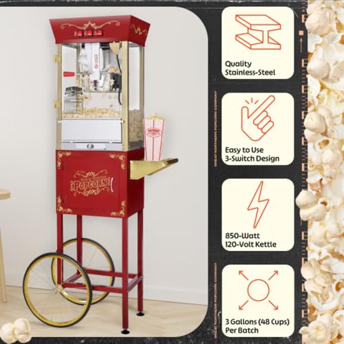 Matinee Popcorn Machine with Cart - 8oz Popper with Stainless-Steel Kettle, Warming Light, and Accessories by Great Northern Popcorn (Red)