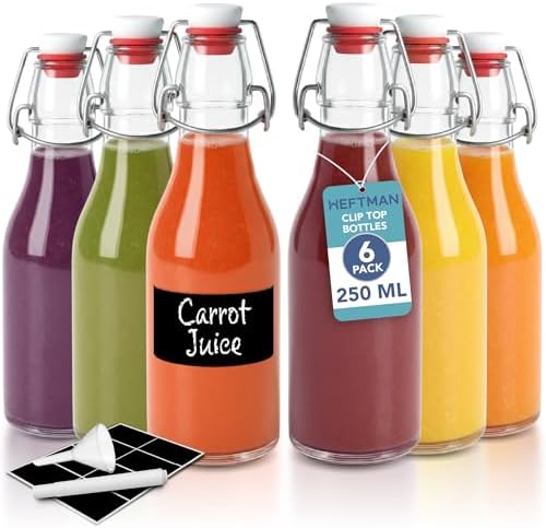 Botellas de conservación con clip, paquete de 6 botellas de vidrio transparente de 250ml con tapones herméticos, botellas con tapa abatible para cerveza, vino, condimentos, bebidas, aceite