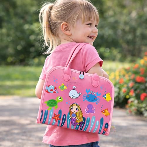 Image of Wishkey Busy Board Activity Binder for Toddlers 1-4 Years Montessori Sensory Busy Book with 19 Motor Skill Activities Soft Felt Educational Learning Toy Travel Toy & Birthday Gift for Kids Pink