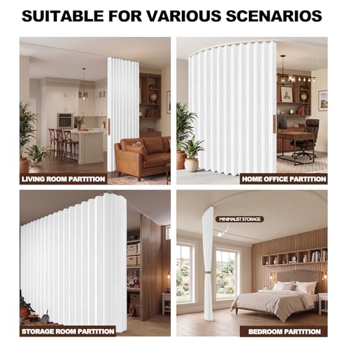 Image of JILRON Hanging Accordion Room Divider with Track System - Ceiling-Mounted Partition Curtain, Simple Installation(White 100 inch W x 108 inch L-Pack of 1)