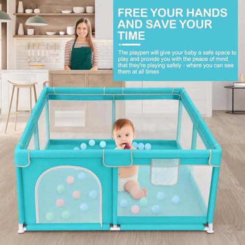 Image of ShivAnanta Baby Playpen for Home Indoor Kids Safety Play Fence with 30 Balls Mesh Play Area for 2+ Toddler Activity Zone Portable Baby Play Yard Anti Slip Child Play Space for Crawling Babies Secure Enclosure (Blue)