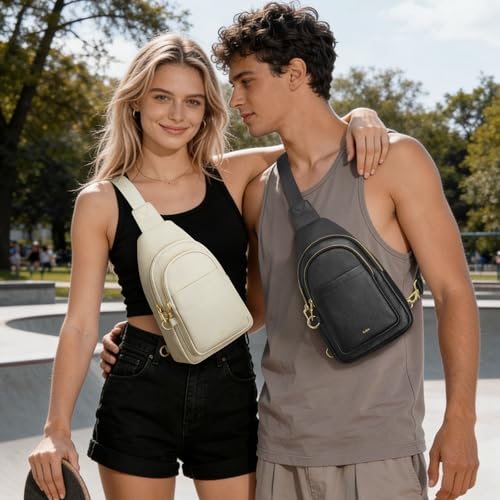 Image of Kattee Sling Bag for Women, Leather Crossbody Bag for Travel, Beige | Top Grain Pebbled Leather. RFID back pocket, small chest bag fit 6.9-inch phone, fanny pack with adjustable strap.