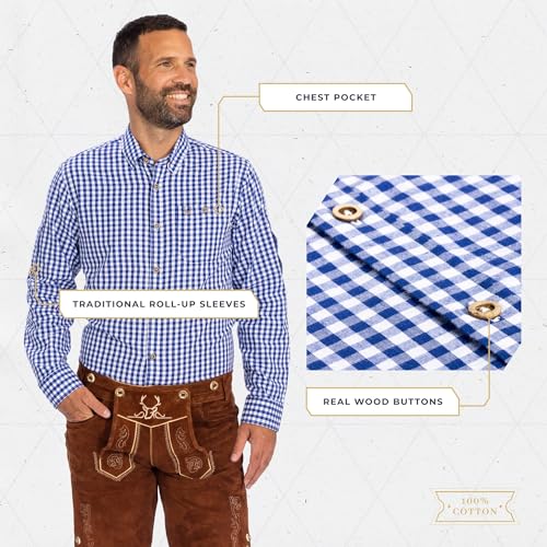 BAVARIA TRACHTEN German Oktoberfest Shirts for Men - Authentic German Lederhosen Shirt Men - Original Bavarian Shirt for Lederhosen Outfit - Checkered Blue - Classic - Size L4